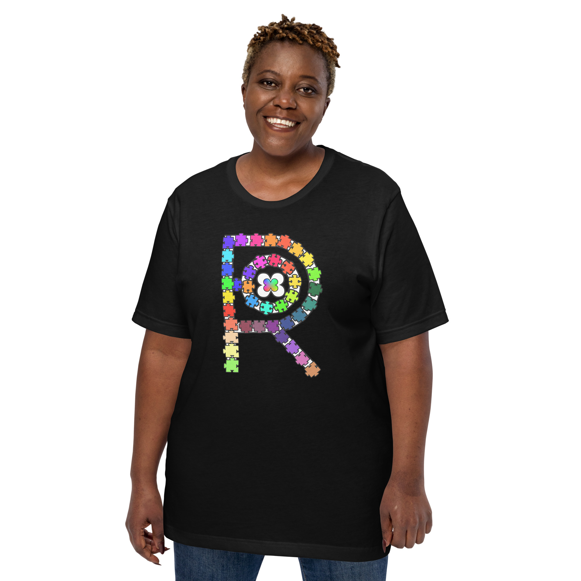 R - Autism Spectrum Puzzle Pieces Dark Style Unisex T-shirt - Image 5