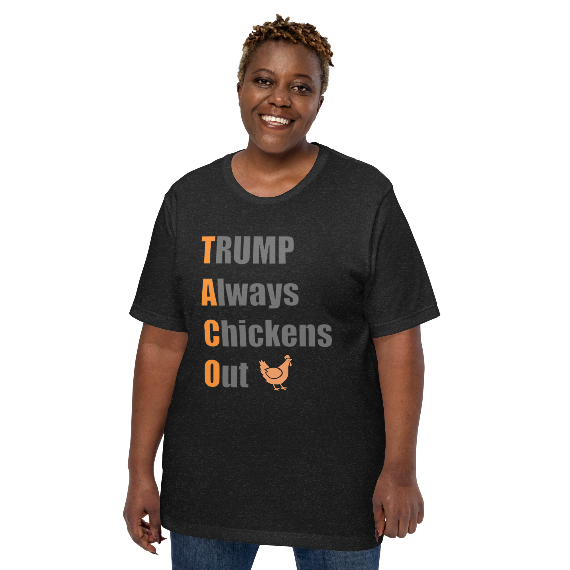 R - TACO - Trump Always Chickens Out Dark Style Unisex T-shirt - Image 3