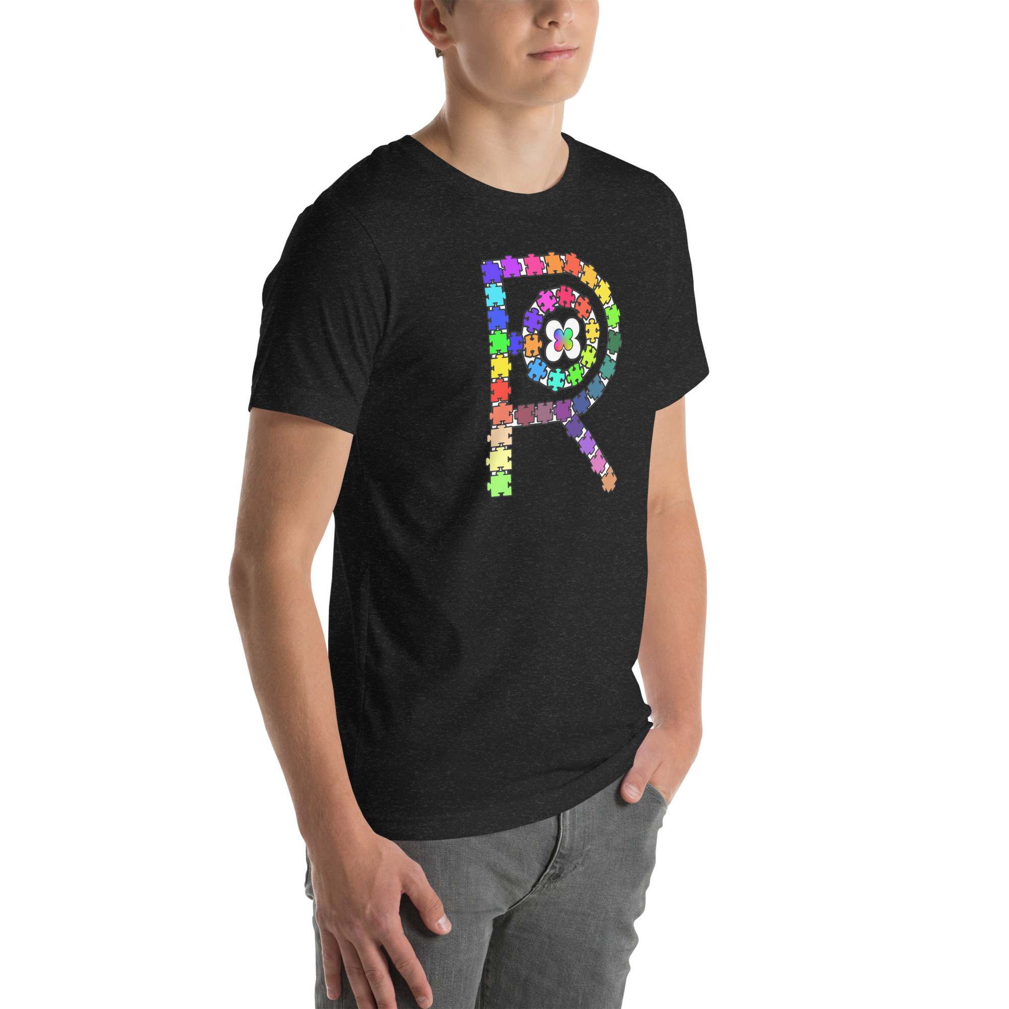 R - Autism Spectrum Puzzle Pieces Dark Style Unisex T-shirt - Image 3