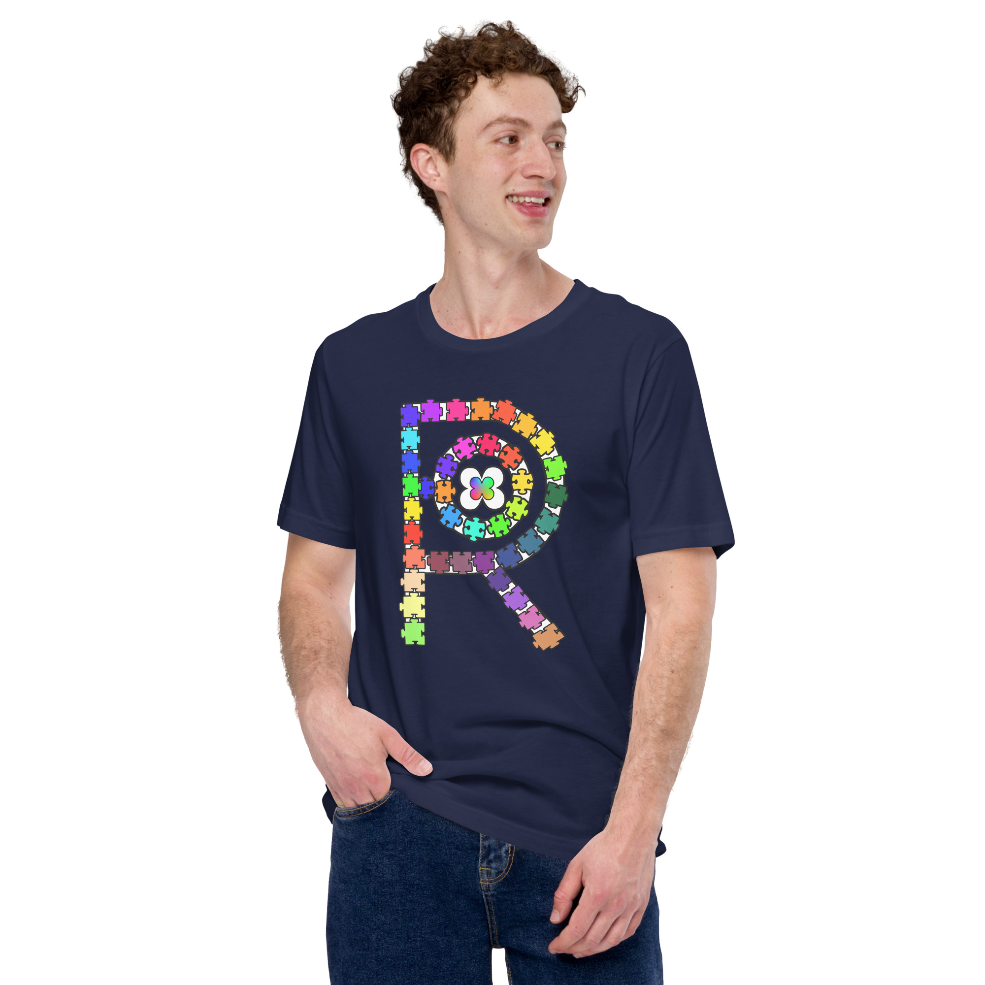 R - Autism Spectrum Puzzle Pieces Dark Style Unisex T-shirt - Image 12