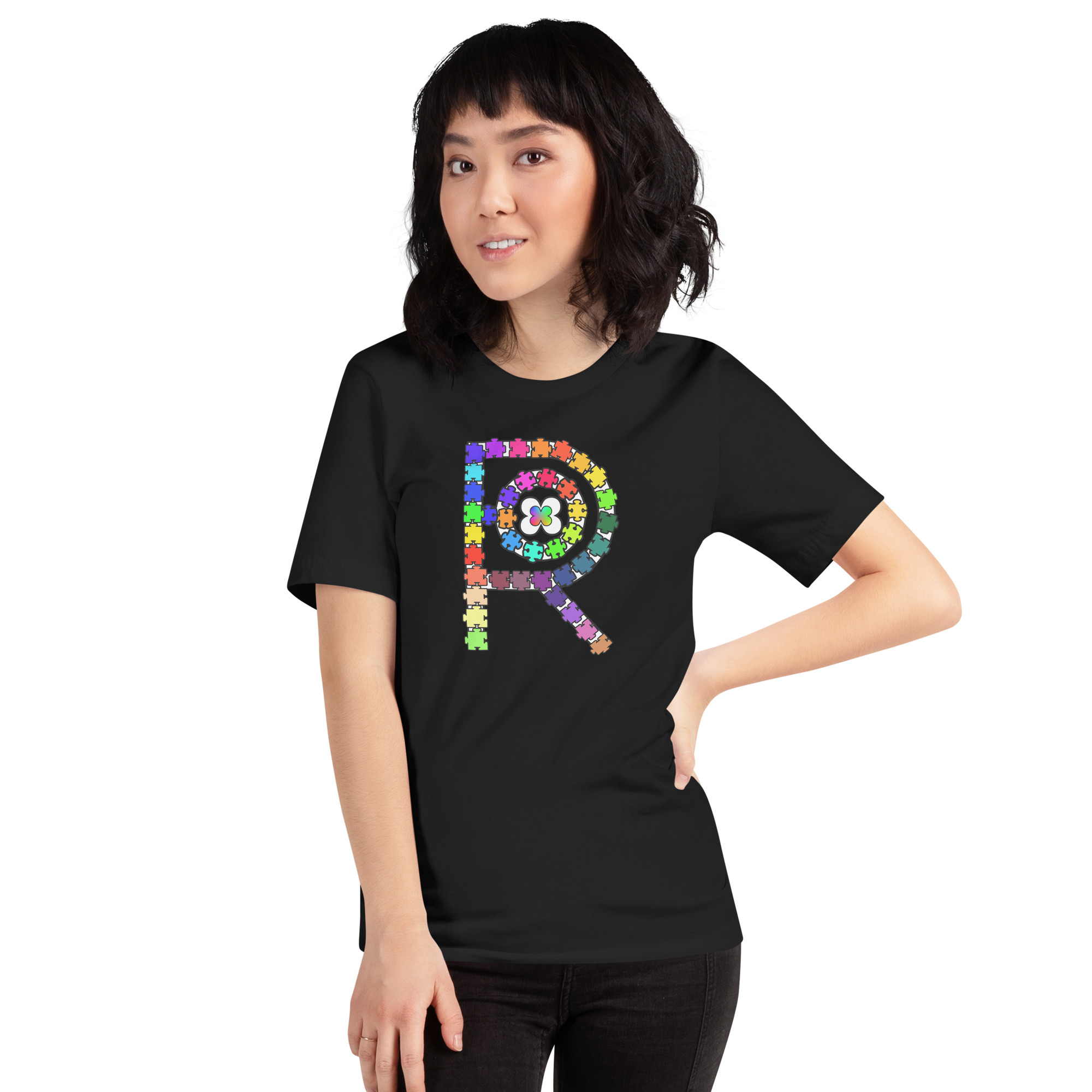 R - Autism Spectrum Puzzle Pieces Dark Style Unisex T-shirt - Image 7